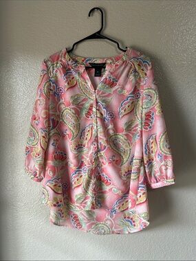 Investments Pink Paisley Floral Button-Front Blouse Sz M Summer Casual TC0098